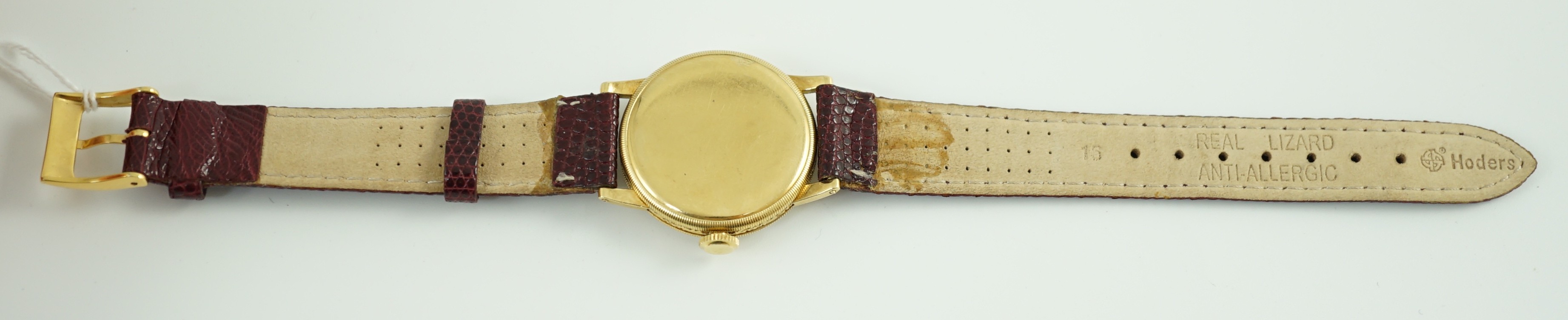 A gentleman's 18ct gold Zenith manual wind wrist watch, on associated leather strap